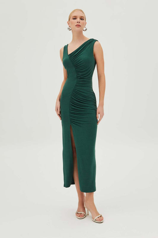 Ruched Midi Dress with asymmetric neckline
