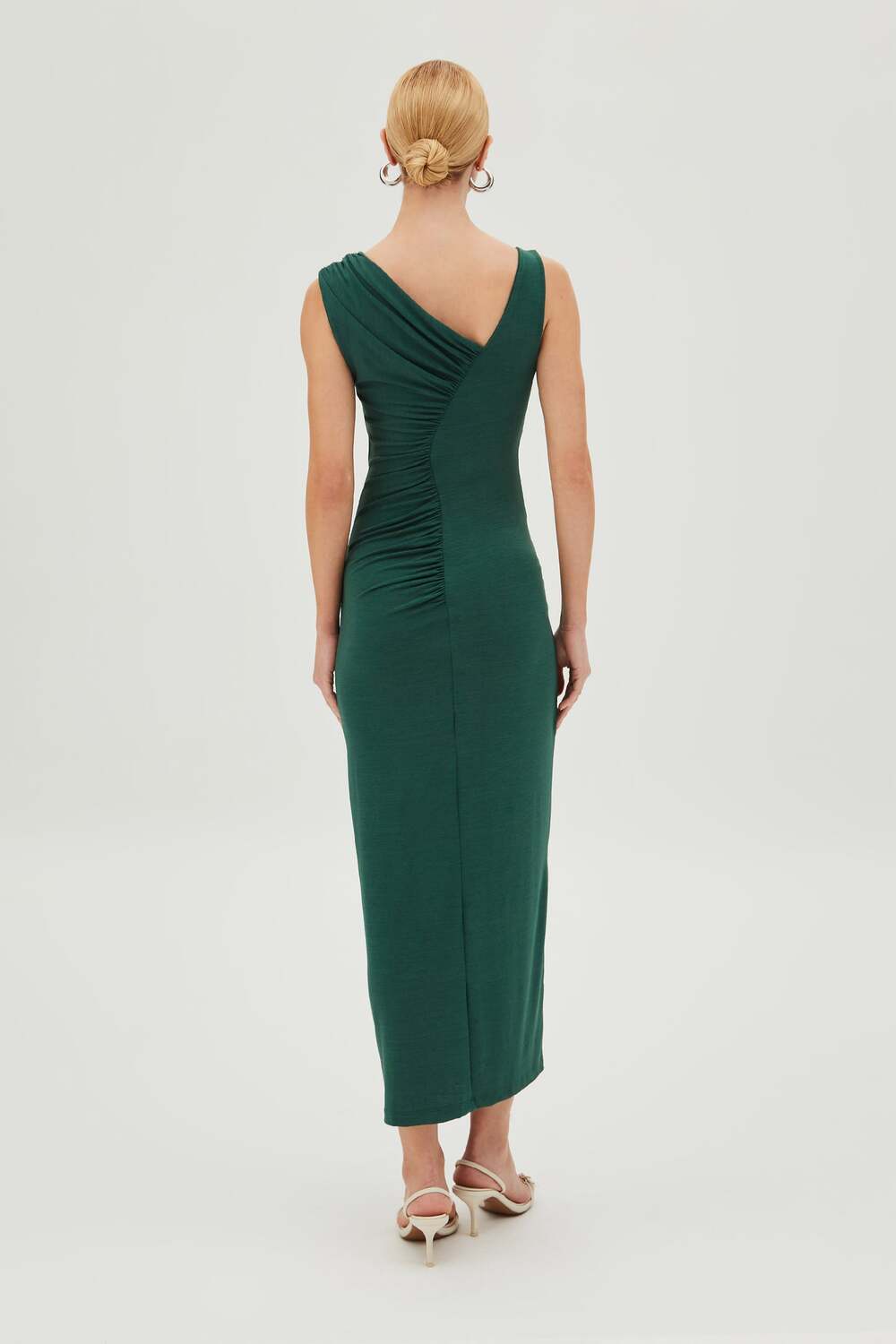 Ruched Midi Dress with asymmetric neckline