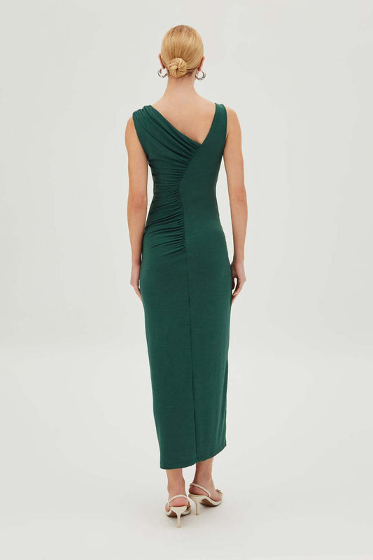 Ruched Midi Dress with asymmetric neckline