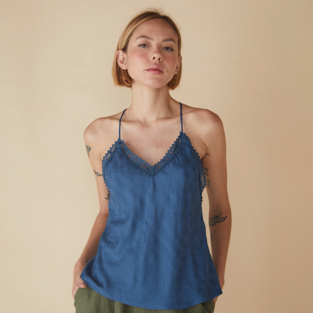 Tank Top Brenda Blue With Embroidery Lace - Front